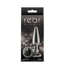 Rear Assets Chrome Tapered Anal Plug Medium Gray packaging featuring a tapered design and luxurious aluminum finish.
