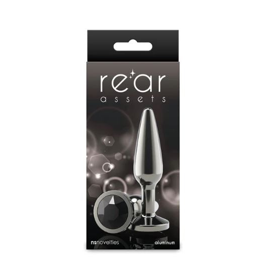Rear Assets Chrome Tapered Anal Plug Medium Gray packaging featuring a tapered design and luxurious aluminum finish.