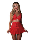 Sugar High Bralette Cincher Skirt Thong Set Red L/XL featuring sheer mesh and floral lace.