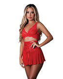 Sugar High Bralette Cincher Skirt Thong Set Red S/M featuring sheer mesh and lace detailing in a stunning red color.