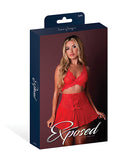 Sugar High Bralette Cincher Skirt Thong Set Red S/M packaging featuring a model in vibrant red lingerie by Magic Silk.