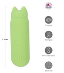 Maia Allie Rechargeable Mini Vibe Green showing features like 12 functions, rechargeable, medical grade silicone, and submersible design.