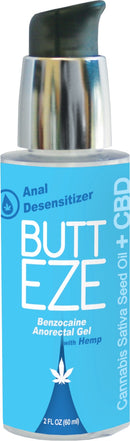 Butt Eze Anal Desensitizer Gel with Hemp 2 Oz in a sleek bottle, designed for comfortable anal play.