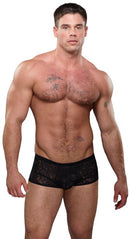 Male Power Mini Shorts Stretch Lace Black Medium on a muscular model showcasing the breathable lace design.