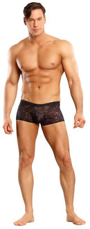 Male Power Mini Shorts Stretch Lace Black Medium model showcasing a fitted style in soft breathable lace construction.