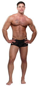 Model wearing Male Power Mini Shorts Stretch Lace Black Medium, showcasing a comfortable and stylish fit.