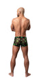 Man wearing HAZY DAYZ Pouch Short Pot Leaf with sheer mesh fabric and bright pot leaf print, showing back view.
