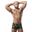 HAZY DAYZ Pouch Short Pot Leaf XL mesh briefs, bold pot leaf print, worn by a model, providing comfort and style with 89% Polyester and 11% Spandex.