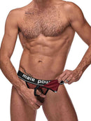 Cock Pit Cock Ring Jock Strap Burgundy Male Power S M on a model, showcasing its breathable design and flexible fit.