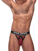 Cock Pit Cock Ring Jock Strap Burgundy Male Power S M worn by a man, featuring fishnet and micro mesh design.