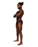Male Power Sassy Lace Skirt Jock Black S/M showcased on a model in profile view, highlighting its playful design.