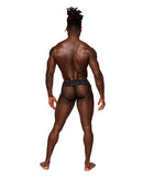 Male Power Sassy Lace Skirt Jock Black S/M displayed on a model from the back, showcasing the lace and mesh design.
