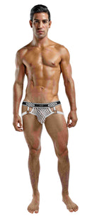 Model wearing Male Power Peep Show Jock Ring Jock Strap White Small/Medium, showcasing an open weave design and decorative rings.