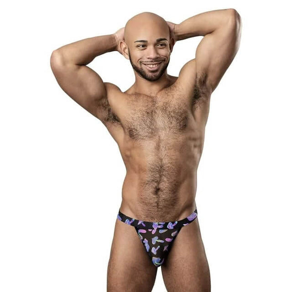 Man wearing Hazy Dayz Micro Thong Mushroom L/XL in lightweight microfiber with minimal coverage and contour pouch for comfort and support.