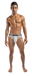 Male Power Peep Show Low Rise Thong White S M showcased on a model in a standing position.