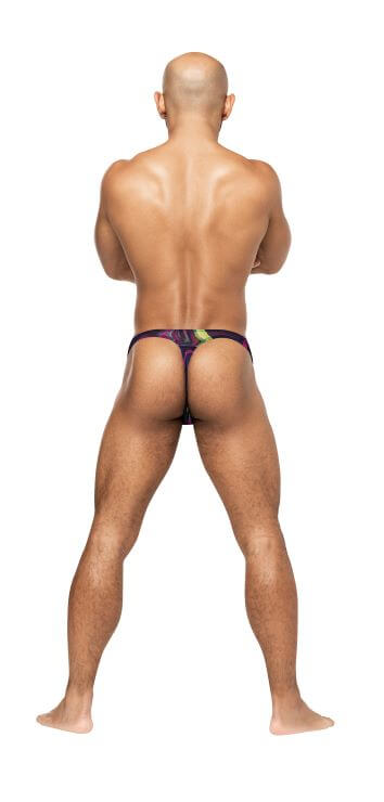 Model showcasing the back view of Male Power Galactic Print Bong Thong in S/M, featuring a colorful cosmic design.