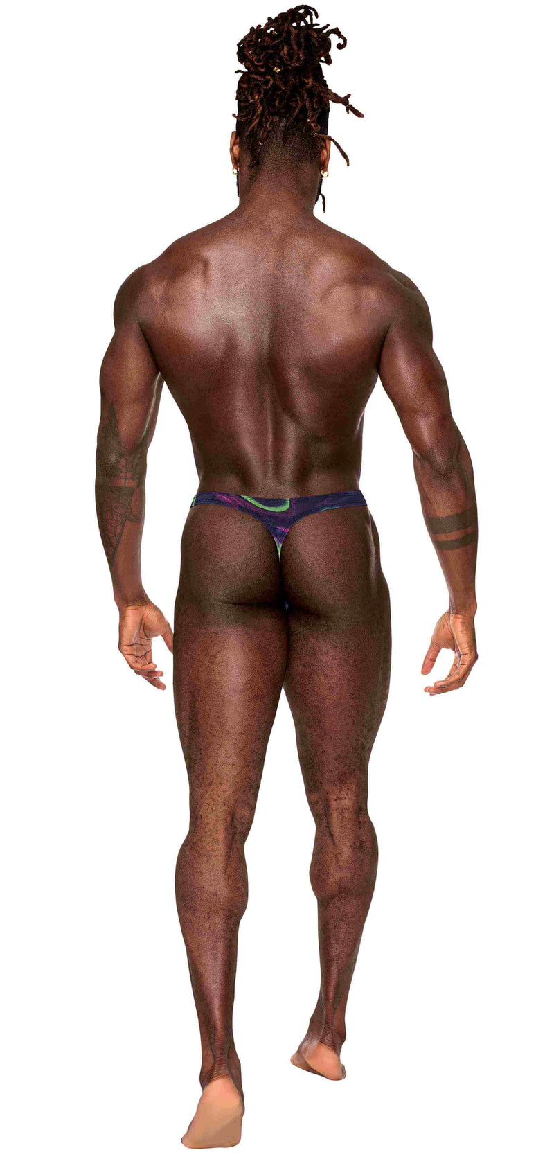 Man showcasing the Galactic Print Bong Thong from Male Power Lingerie, highlighting features and style.