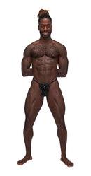Model showcasing Liquid Onyx Posing Strap Black O/S G-String Briefs for men by Male Power Underwear.