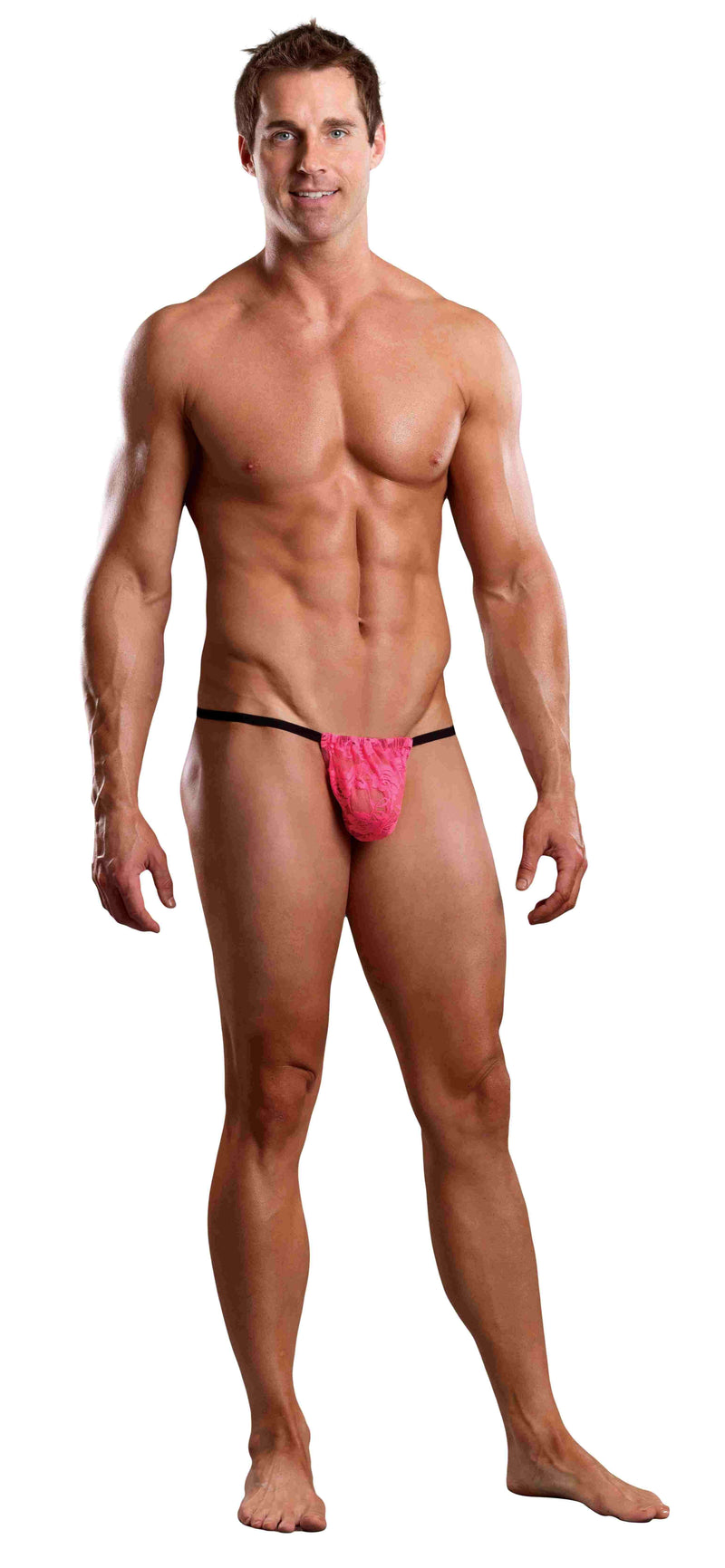 Male model wearing vibrant neon lace hot pink posing strap, showcasing comfort and style for confident men.