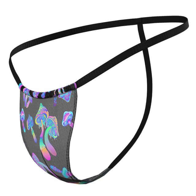 Hazy Dayz posing strap with colorful mushroom print, ultra-soft microfiber, minimal coverage, sporty, and sexy look.