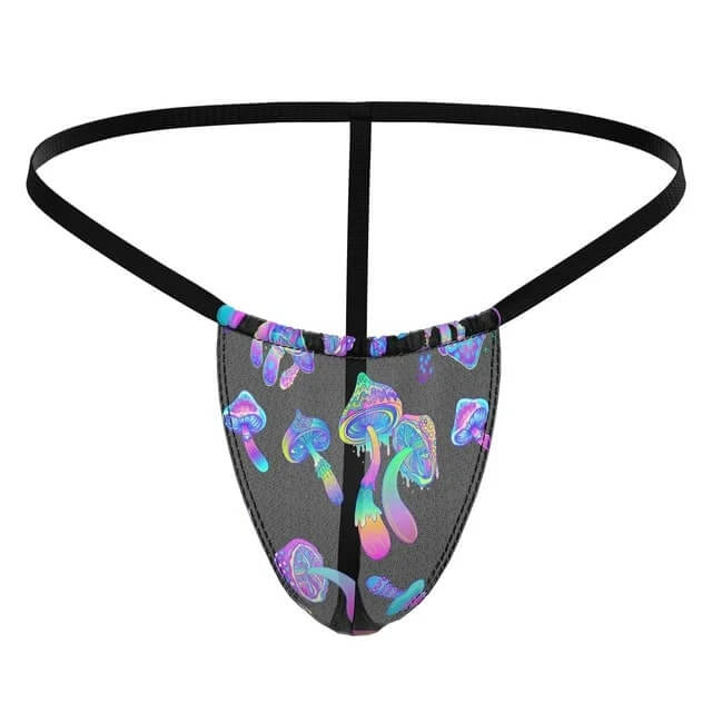 Hazy Dayz posing strap with colorful mushroom print, ultra-soft breathable microfiber, minimal coverage, sporty and sexy look.