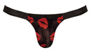 Male Power Kiss Me Micro Thong V Lips Print for Men - Sexy Low Rise G-String with Red Lips Design in L/XL Black Backdrop