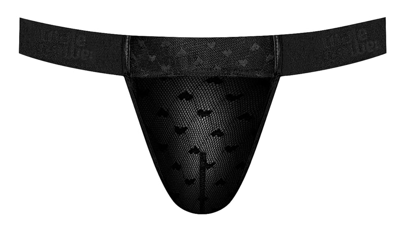 Black Micro V Thong from Male Power Underwear, featuring a supportive design with playful mesh and low-rise waist.