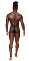 Model wearing Heart Breaker Micro V Thong in black from Male Power Underwear, showcasing a seductive back view.