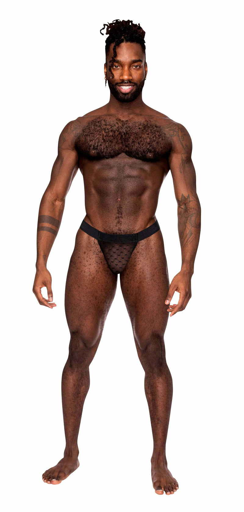 Model showcasing Heart Breaker Micro V Thong in black, highlighting sexy design and comfortable fit from Male Power Underwear.