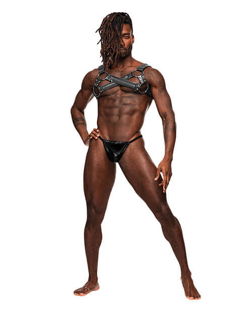 Model showcasing Virgo Leather Harness Black O/S from Male Power Lingerie, highlighting adjustable straps and stylish design.