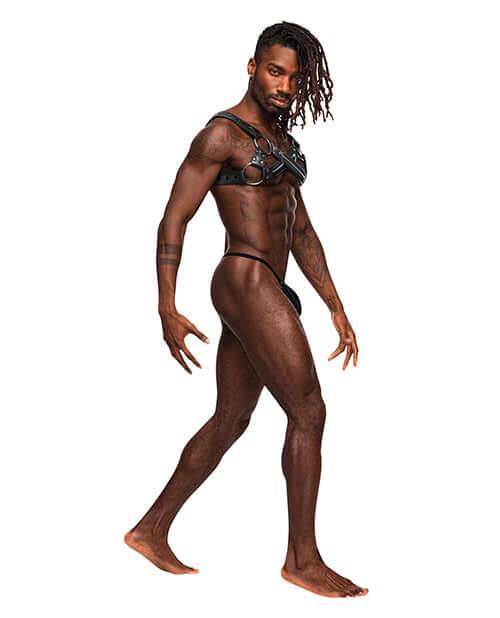 Model showcasing Virgo Leather Harness Black O/S from Male Power Lingerie, featuring adjustable straps and metal details.