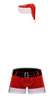 Santa-themed red shorts with plush trim and matching Santa hat for festive holiday fun.