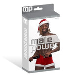 Male Power St. Dick Shorts Red S/M packaging with model wearing Santa hat and plush-trimmed shorts. Christmas costume collection.