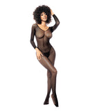 Mapale Long Sleeved All Over Fishnet Body Stocking Black on model showcasing seamless design and bold look.