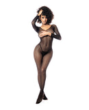 Mapale Long Sleeved All Over Fishnet Body Stocking Black showcased on model, featuring a bold fishnet design for seamless elegance.