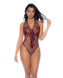 Floral Convertible Top Fishnet Bodysuit Burgundy showcasing a model in a stylish burgundy fishnet design.