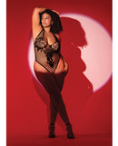 Floral Convertible Top Fishnet Bodysuit Black Queen Size by Mapale on a model against a red background.