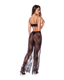 Mapale Lace Bra Wide Leg Pants Thong Set Black Large showcasing a woman in lace pants and bra from the back.
