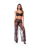 Mapale Lace Bra Wide Leg Pants Thong 3 Pc Set Black featuring delicate lace underwire bra and sheer wide-leg pants.