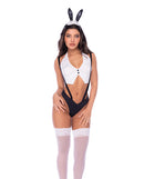 Mapale Sexy Bunny 3 Piece Costume Set Black White S/M featuring a white halter neck crop top and black suspender panty with bunny ears.