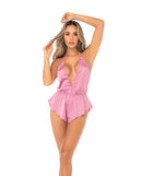 Mapale Satin Plunging Halter Rhinestone Teddy Pink featuring a plunging neckline and rhinestone details.