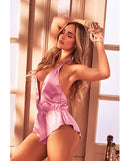Mapale Satin Plunging Halter Rhinestone Teddy Pink on model, showcasing satin finish and rhinestone detail.
