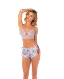 Mapale Lace Bralette Satin Floral Shorts Set L/XL model showcasing lace bralette and satin flutter shorts in a relaxed pose.