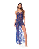Mapale Sheer Lace Maxi Dress with High Slit Royal Blue showcasing elegant lace design and high slit.