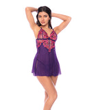 Mapale Floral Embroidered Mesh Babydoll Thong Set featuring sheer mesh with vibrant floral embroidery.