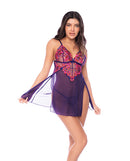 Model wearing Mapale Floral Embroidered Mesh Babydoll Thong Set with sheer mesh and vibrant floral details.