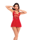 Mapale Sheer Mesh Babydoll and Thong Set Red L/XL model wearing red sheer babydoll with embroidered lace details.
