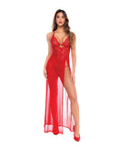 Mapale Dotted Lace Mesh Maxi Dress and Thong Red L/XL showcasing a model in a vibrant red gown with lace and mesh details.