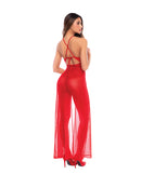 Mapale Dotted Lace Mesh Maxi Dress and Thong Red L/XL showcased from the back, featuring a stylish lace mesh design.