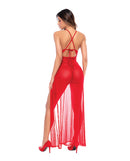 Mapale Dotted Lace Mesh Maxi Dress and Thong Red L/XL shown from the back, featuring a sheer design and high slit.